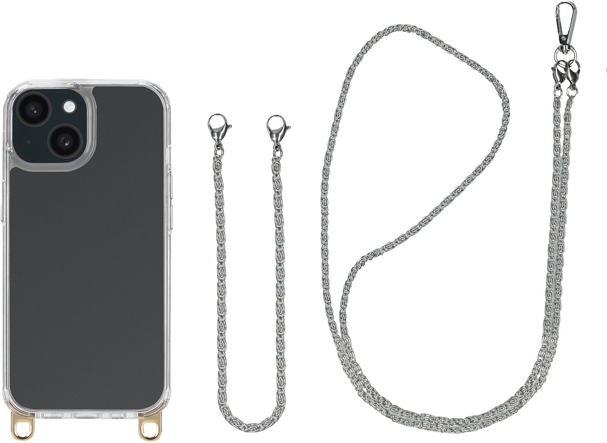 Selencia Transparant Hoesje met Haakjes inclusief Telefoonketting - Geschikt voor Apple iPhone 14 - Zilver