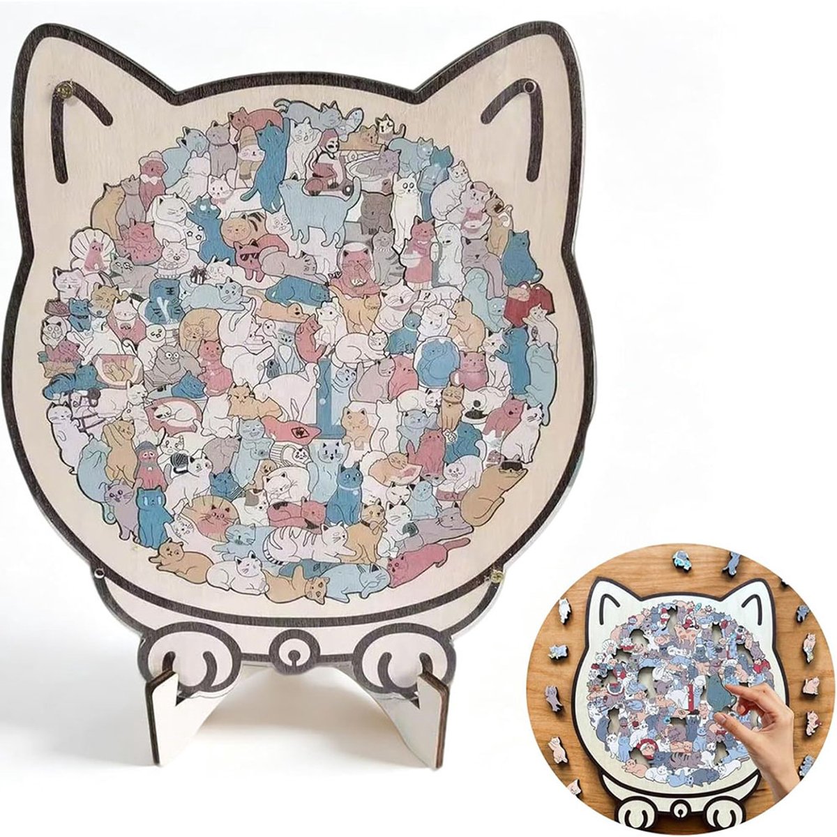 Houten kattenpuzzel - Creatieve kattenpuzzel - Puzzel - 23,5x20 cm - 135 stukjes - Geschikt voor interactie tussen ouder en kind, kattenliefhebbers en als decoratie voor thuis of op het bureau - Macaronkleuren