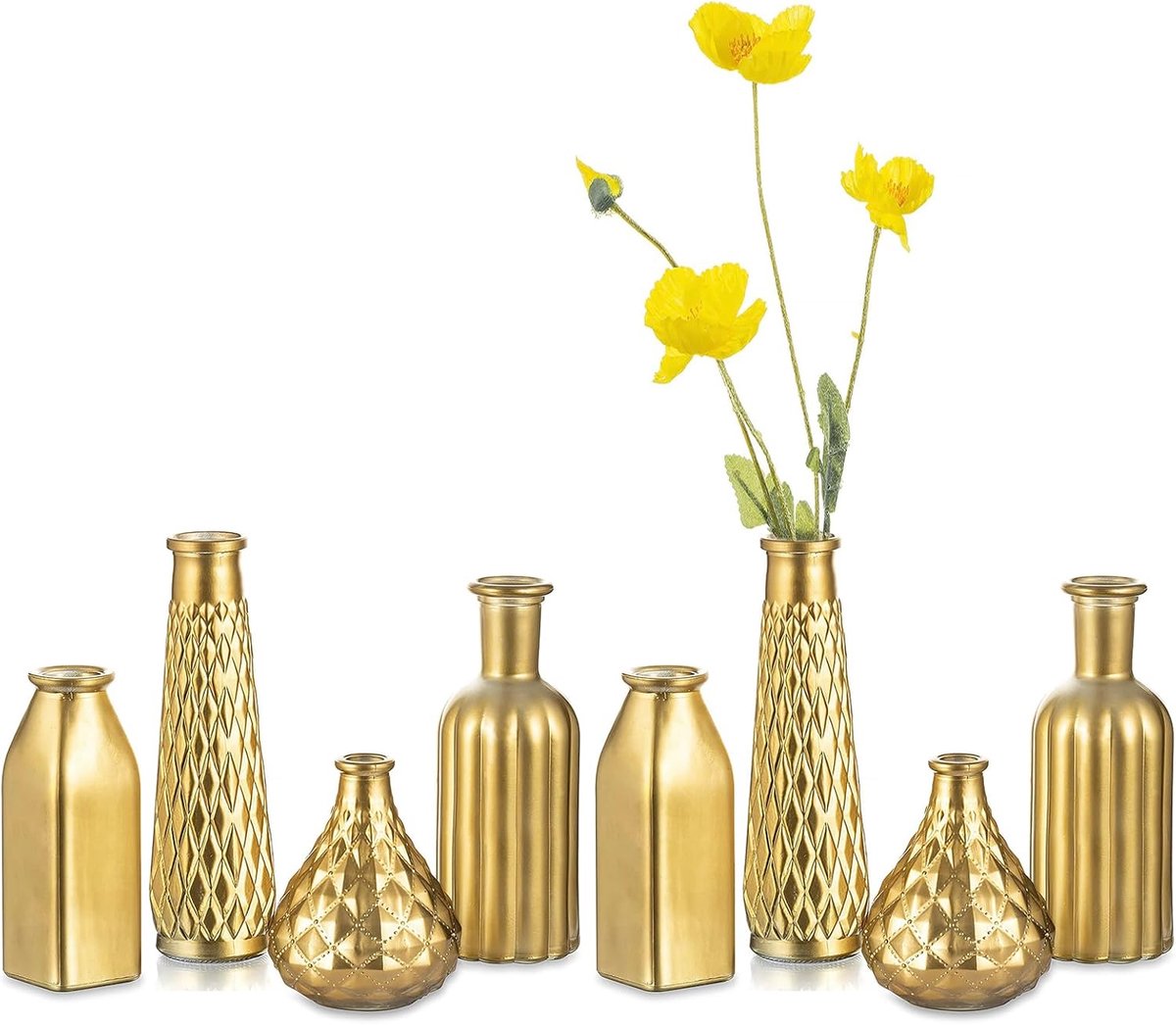 SnelShoppen - Vergulde glazen vaas set van 8, gouden mini-vazen 22 cm, moderne luxe bloemenvaas voor bruiloft en tafeldecoratie, creatieve cadeau-idee