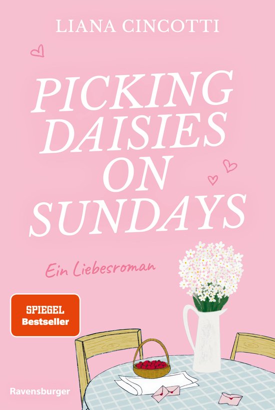 Boek "Picking Daisies on Sundays" met "SPIEGEL Bestseller"-sticker, roze achtergrond, bloemen en een mandje.