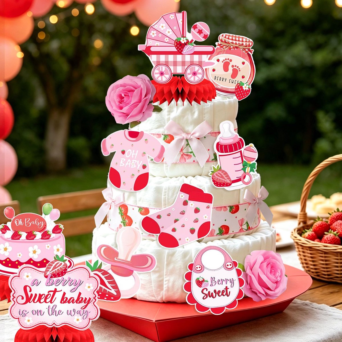 SnelShoppen - Aardbeien Babyshower Luiertaart Decoratie Zoetigheden Accessoires - Luxe Feestdecoratie voor Kinderen, Babyshower, Geboorte, Roze, 1 Stu