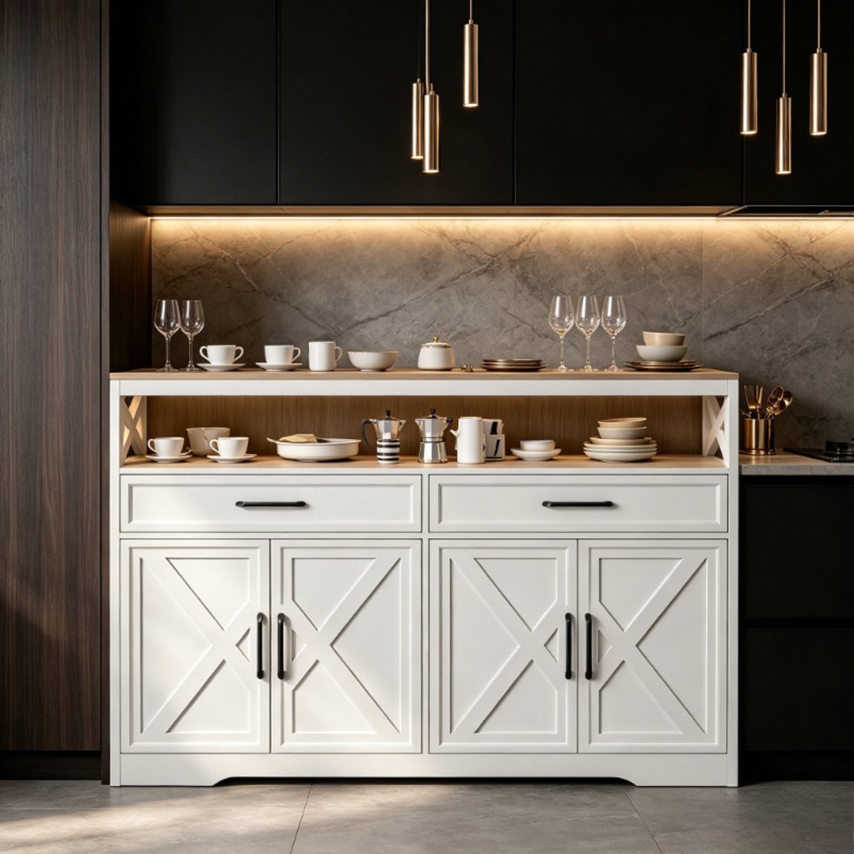 Buffetkast 140x40x105 cm met 2 lades en 4 deuren, keukenkast en dressoir met opbergruimte, vintage houten blad, opbergkast, mdf wit