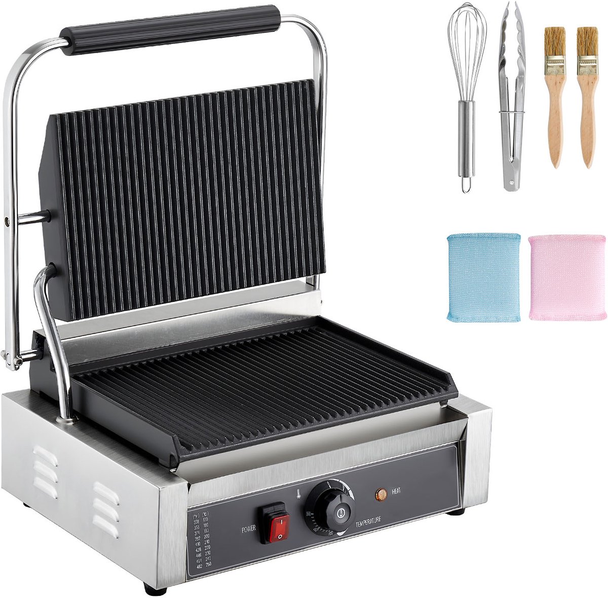 Commerciële Panini Grill, Contactgrill 2200 W voor Sandwiches, Steak, Bacon, Hamburgers, Roestvrijstalen Sandwichmaker met Handvat, Temperatuurregeling en 34 x 23 cm Verwarmingsplaat