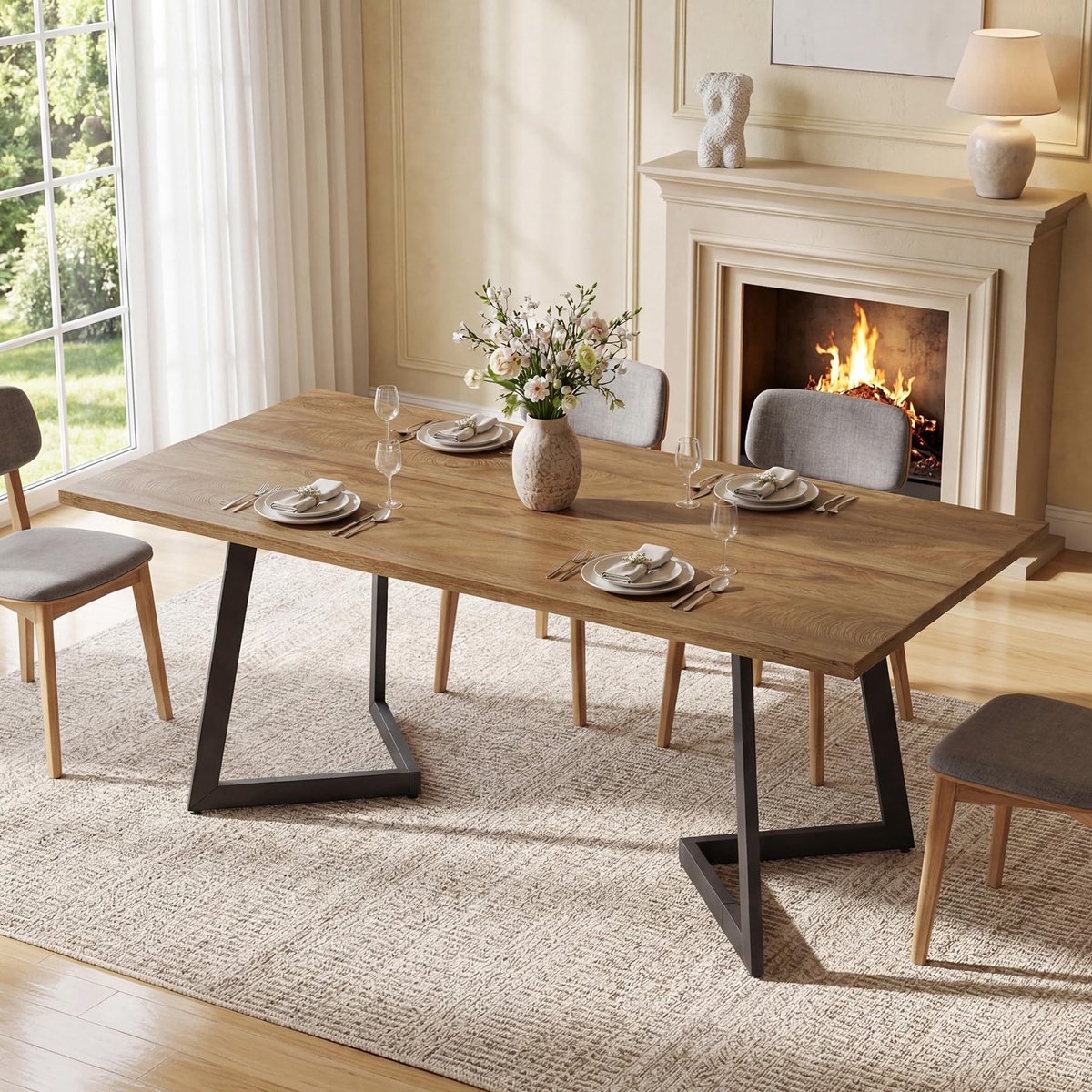 LITTLE TREE Rechthoekige Eettafel - 158 x 76 x 75 cm - 6-persoons keukentafel met metalen frame - Industrieel design voor eetkamer en woonkamer - Bruinzwart