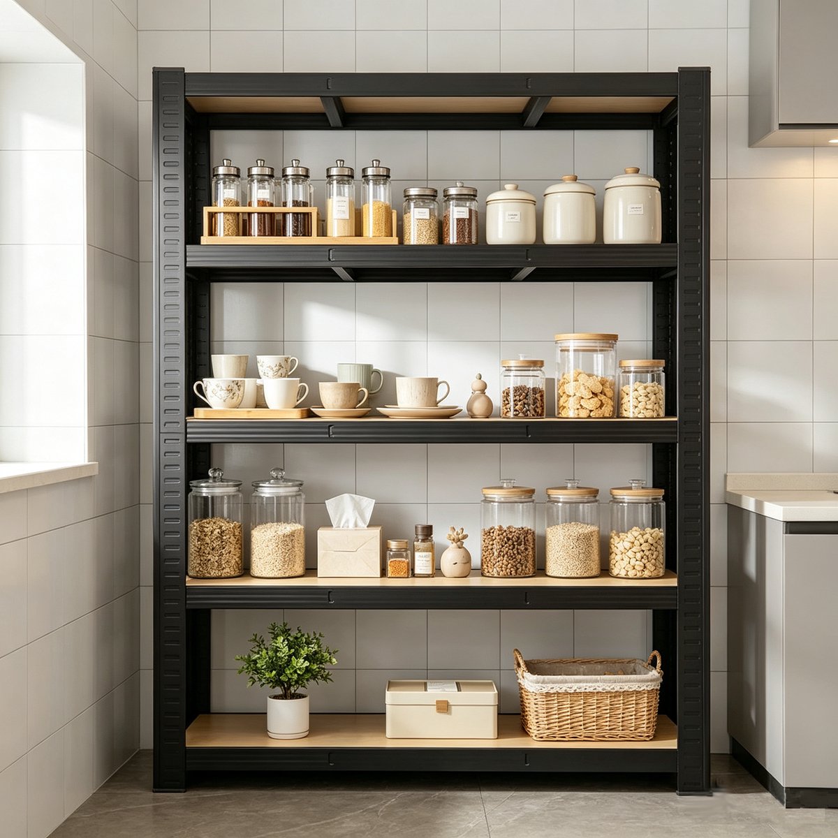 Dit zwarte verstelbare opbergrek heeft 5 planken en meet 90 x 30 x 180 cm Dit stevige metalen rek is ideaal voor gebruik in garages keukens voorraadkasten kelders badkamers en andere vergelijkbare ruimtes