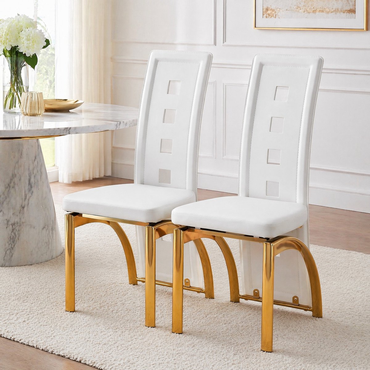 MEUNIQ Eetkamerstoel set van 2, wit en goud, opengewerkte rugleuning, PU-leer, metalen onderstel, 102,5 cm hoog, voor eetkamer en woonkamer White