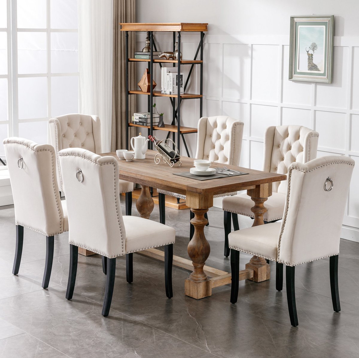 MEUNIQ Beige velvet eetkamerstoel set van 6 met eikenhouten poten, hoge rugleuning met knoopdetails en zachte zitting voor eetkamer en woonkamer