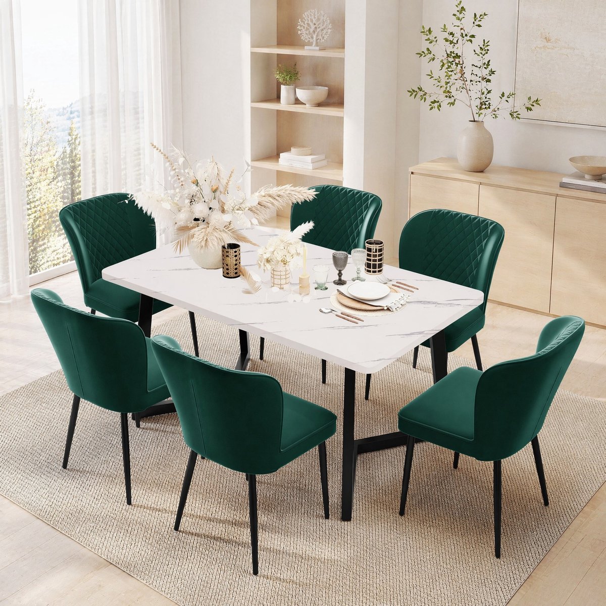 MEUNIQ Eetkamerstoel set van 6 47 x 43 x 86 cm met armleuningen, hoge rugleuning, velvet zitting en metalen onderstel, groen, voor eetkamer keuken of woonkamer