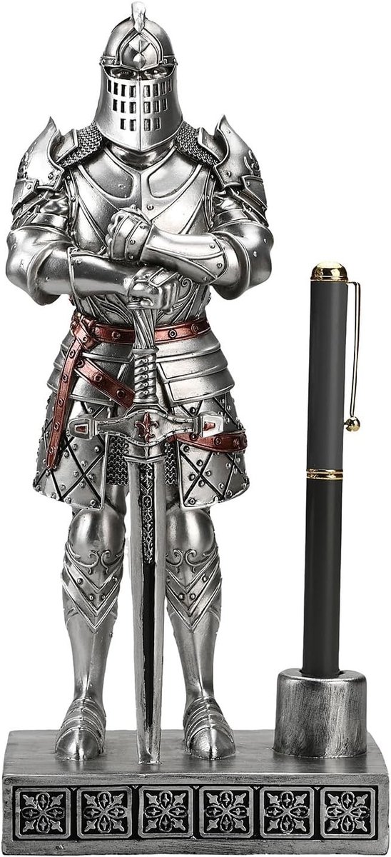 Ridderschild en Zwaard Penhouder Standbeeld voor Kantoor - Desk Organizer voor Mannen, Perfect als Cadeau, 24 cm (Zilver)