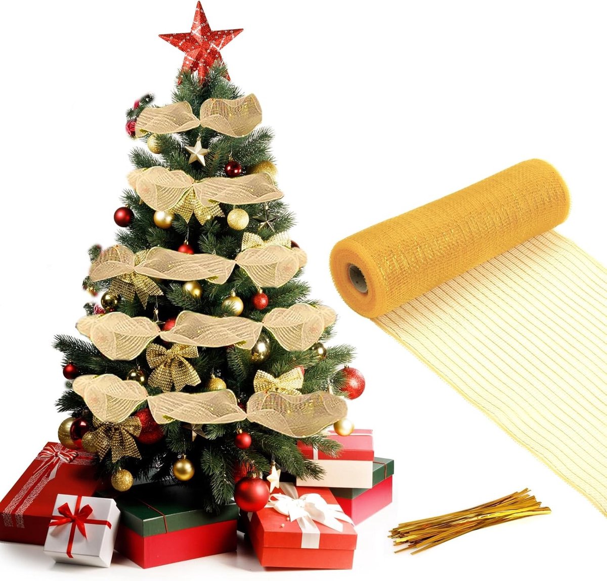 Kerstlint Gouden Lametta - Decoratieband Slinger - Kerstboom Versieren - Extra Breed Poly-Mesh - 27 cm x 9 m - Goud