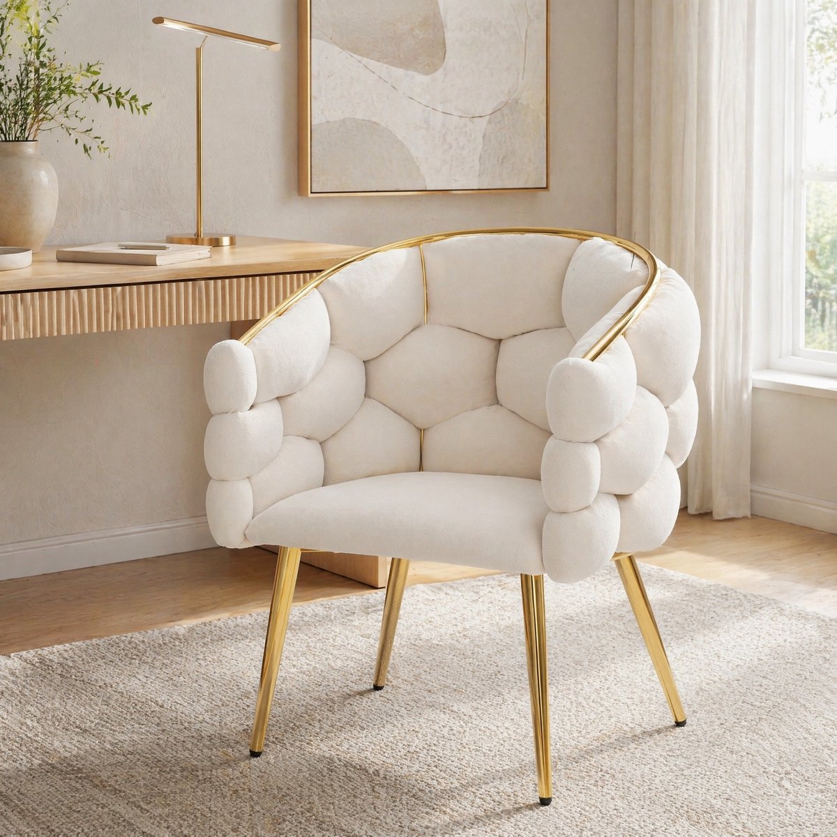 MEUNIQ eetkamerstoel set van 4 beige velvet kuipstoelen met metalen onderstel, gevoerde rugleuning en zitting, 44 x 41 x 74 cm, voor eetkamer en kaptafel