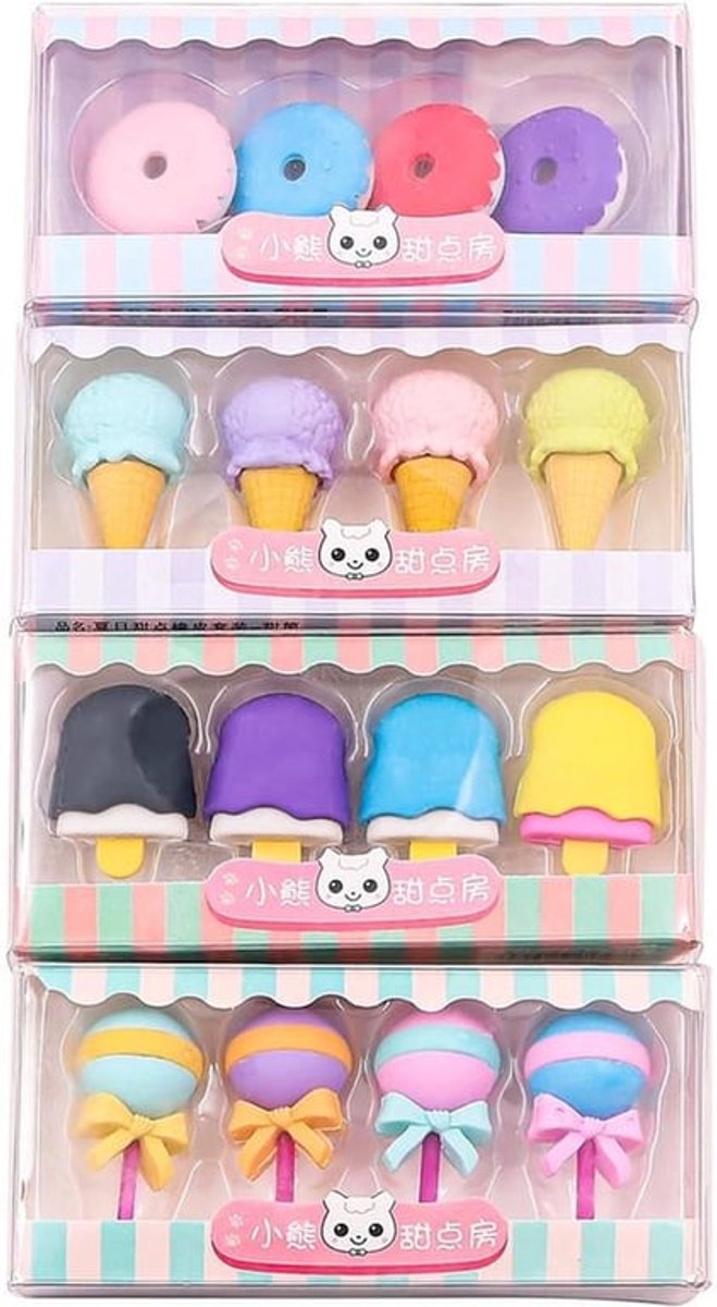 Gum Set 16 Stuks - Creatieve Rubber Gummen - Lolly/IJs/Donut/Hoorntje - Grappige Gummen - Cadeau voor Kinderen - Schattige Ontwerpen - Gummetjes