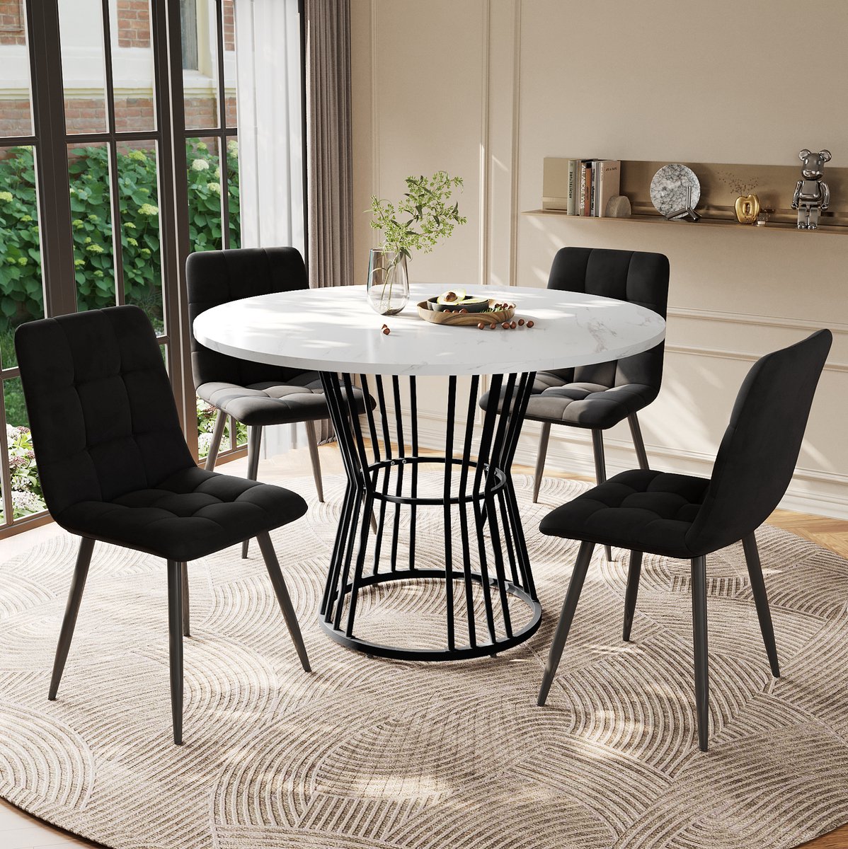MEUNIQ 5-delige ronde eettafelset 100 cm met 4 stoelen, wit tafelblad met marmereffect, zwarte metalen poten en zwarte fluwelen eetkamerstoelen