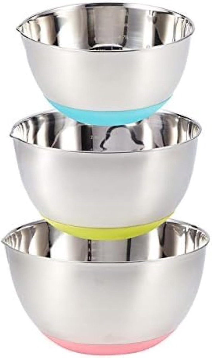 SnelShoppen - 3-delige RVS Mengkommen Set met Tuit & Antislip Siliconen Basis Multikleur - Nestbare Keukenkommen voor Bakken, Koken, Serveren - 1.5L,