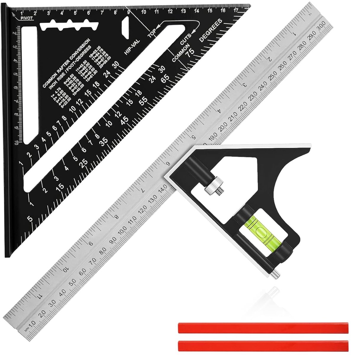 SnelShoppen - 2 Stks Speed Square Set, 18/7" Aluminium Driehoek Liniaal & 300mm Combinatie Vierkant, Timmerman Potlood 2x, Perfect voor Hoek Meten en