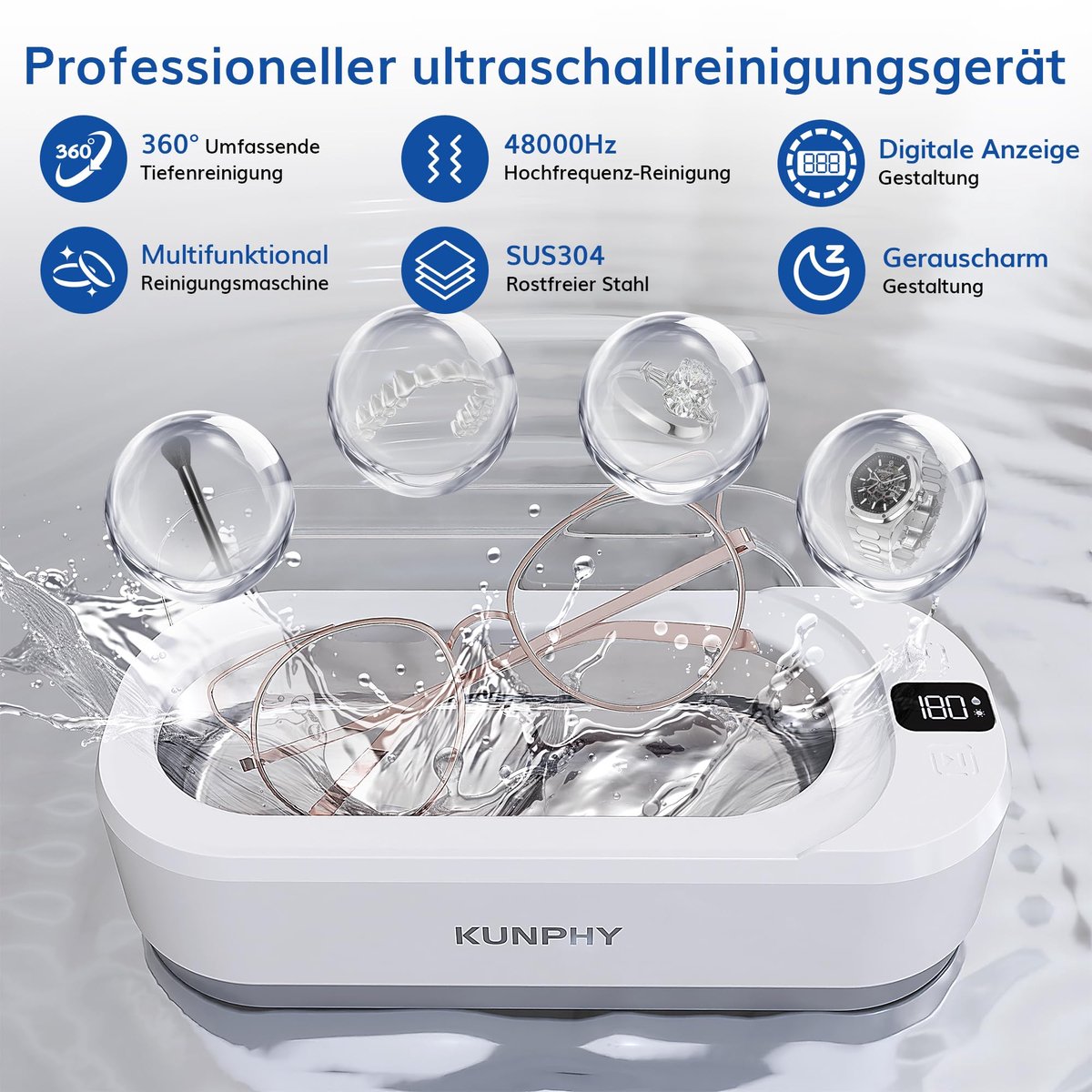SnelShoppen - Ultrasoon reinigingsapparaat 48.000 Hz - Brillenreiniger, Sieraden, Tandrails & Munten - 350 ml met digitale timer - Ideaal voor Thuis &