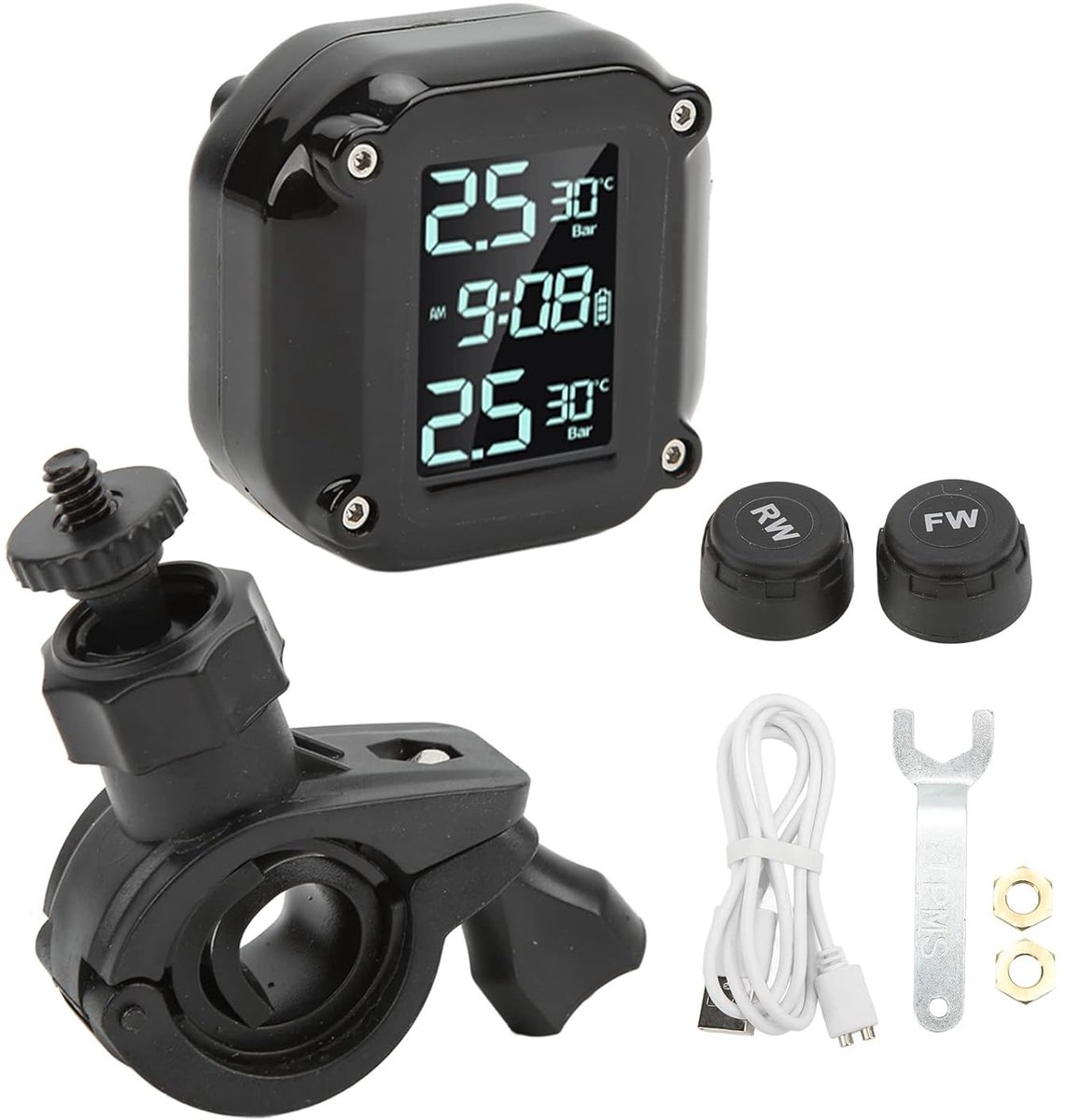 TPMS voor Motorrijden - Bandenspanning Monitoringssysteem met 2 Sensoren, USB Opladen, LCD Scherm en IP67 Waterdichtheid