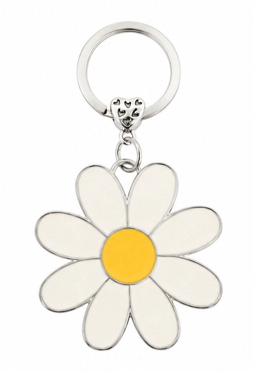 Sleutelhanger of tashanger van metaal met grote witte bloem en hartje