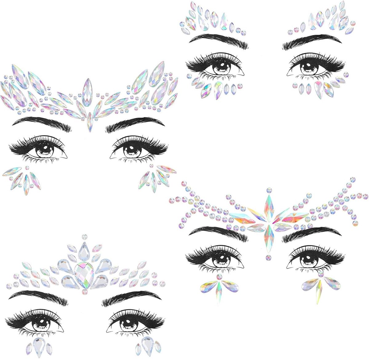 Glitterstenen voor gezicht - 3D strass-steentjes en zelfklevende juwelen voor festivals, carnaval en make-up party's - 4 stuks tijdelijke tatoeages