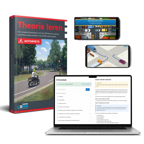 Motor theorieboek en digitale leeromgeving op laptop, smartphone en tablet. Toont verkeerssituaties.