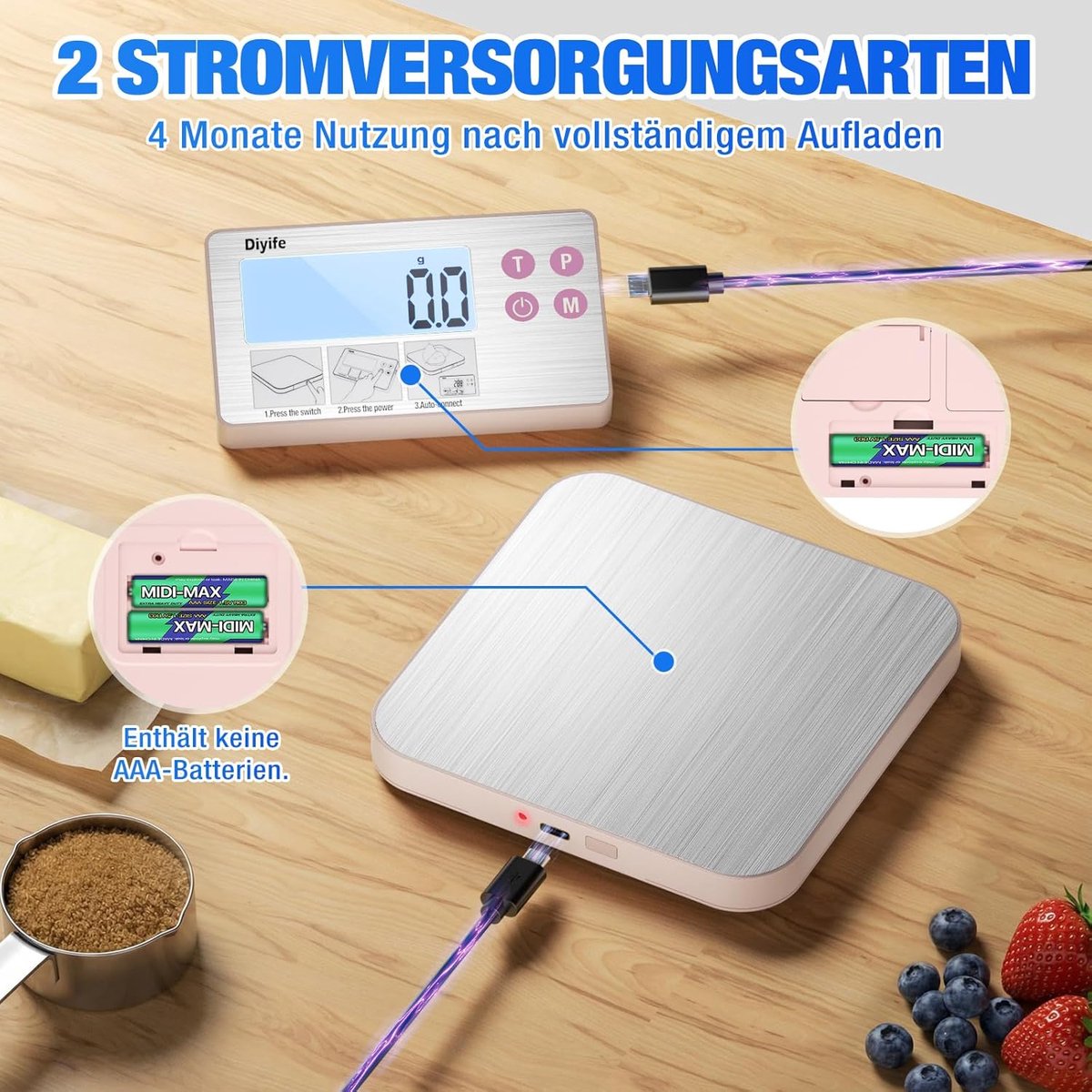 SnelShoppen - 304 Roestvrijstalen Keukenweegschaal met LCD-display, 15 kg Draagvermogen, USB-oplaadbaar, Achtergrondverlichting, Vloeistofweging en Te
