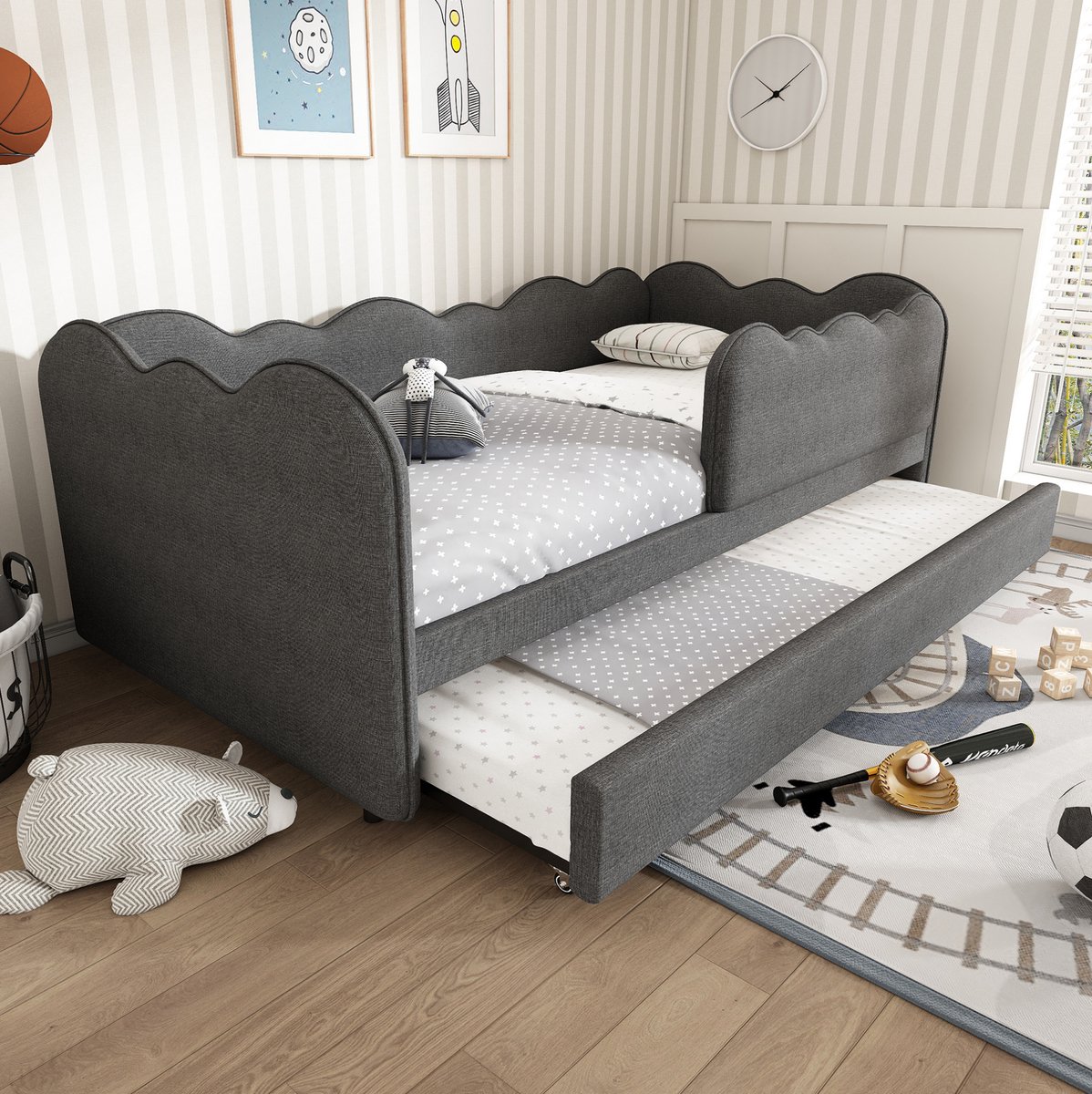 COVREO Bedbank 90x190 cm grijs stof met uitrolbed zonder matras
