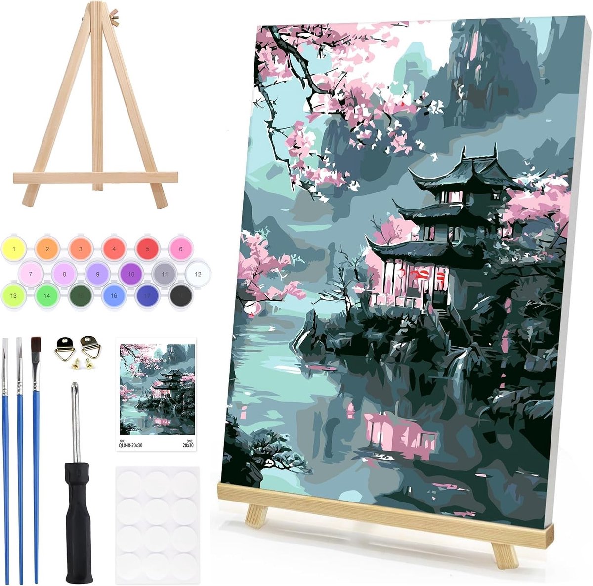 Prachtig Schilderij op Nummer voor Volwassenen met Houten Easel, Landschap en Oude Gebouwe