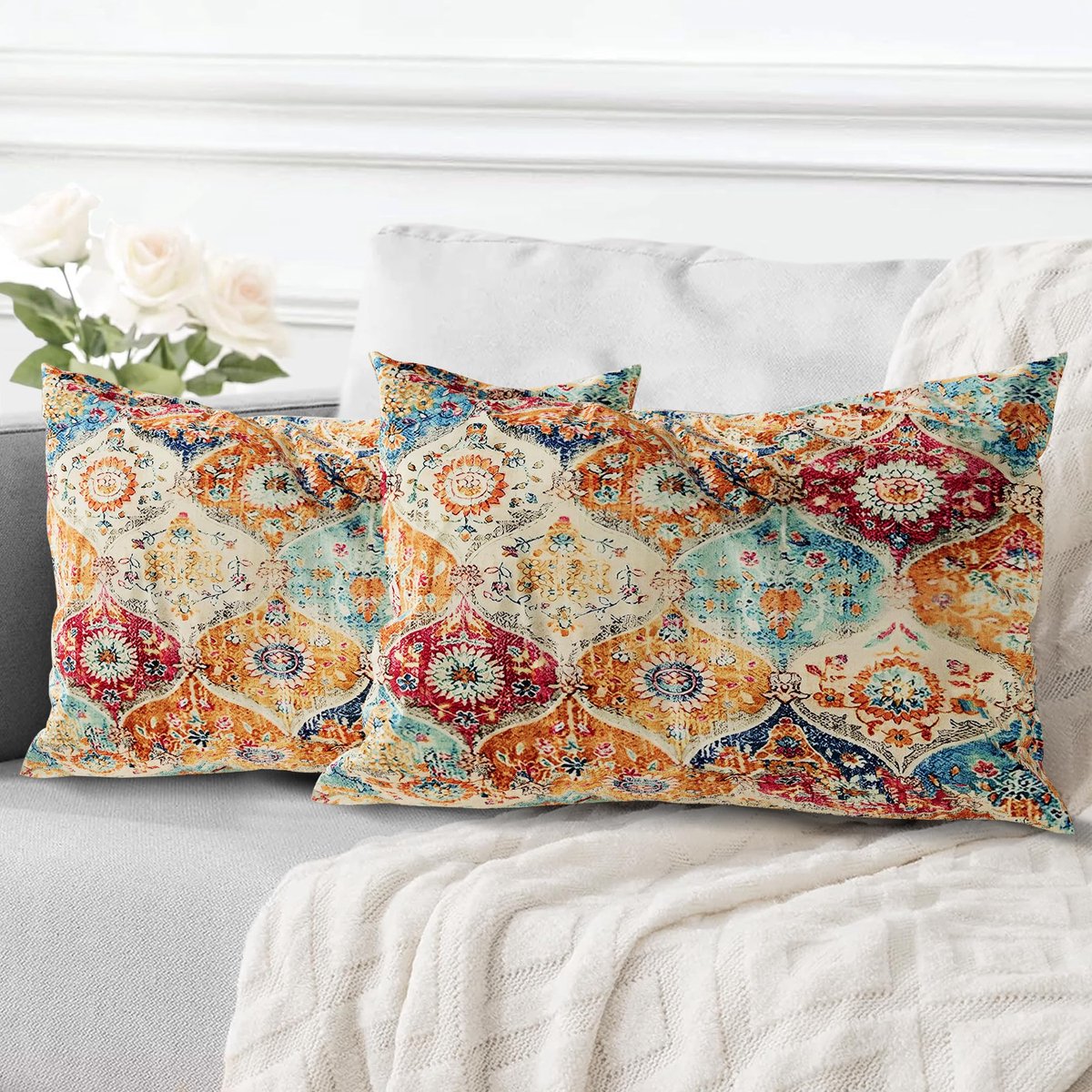 SnelShoppen - Set van 2 Boho Kussenslopen 40x60 cm | Dubbelzijdige Print in Boheemse Bloemen | Vlas Kussensloop voor Woonkamer, Slaapkamer, Bank | Roo