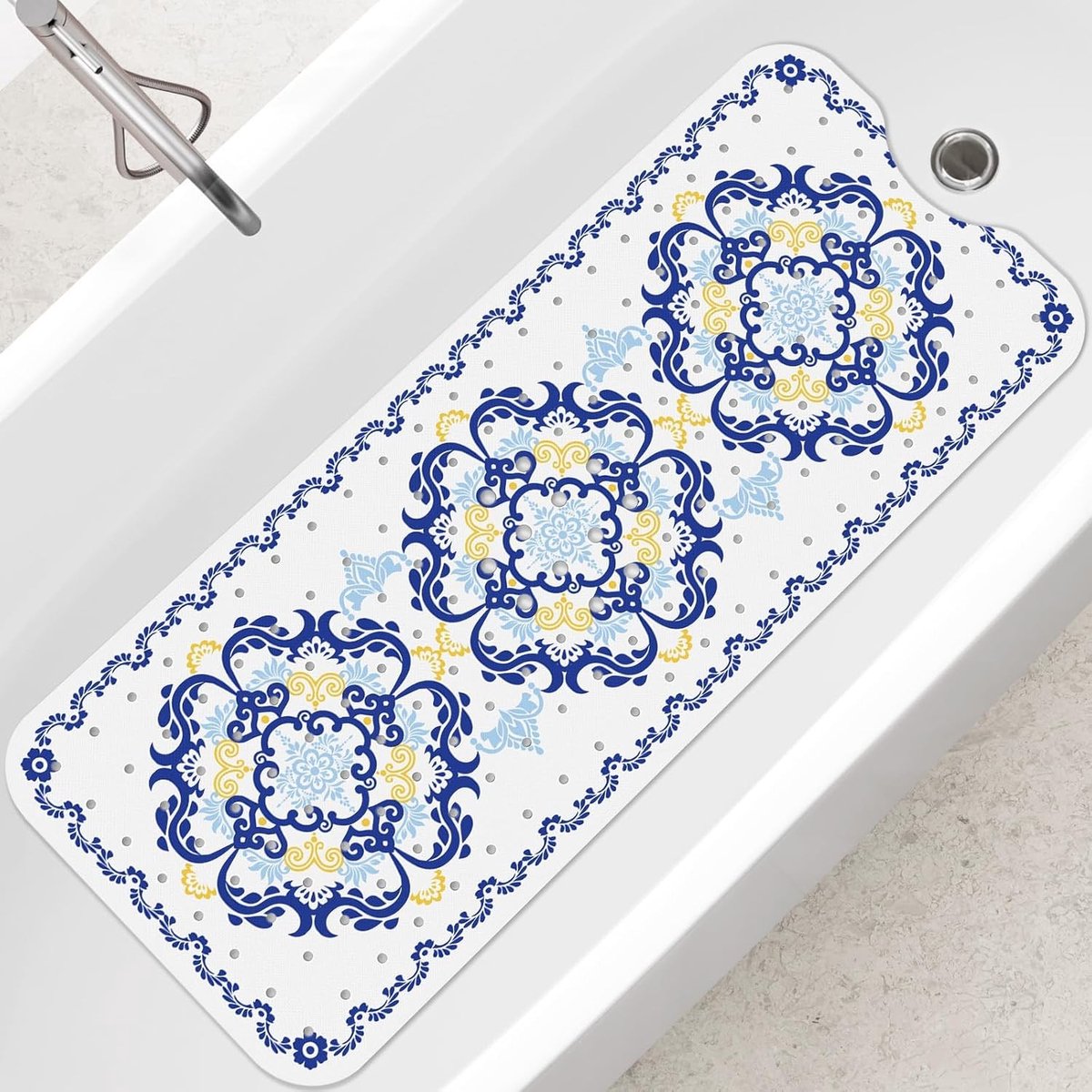 Non-slip badmat voor volwassenen, schimmelbestendig en machinewasbaar, BPA-vrij, Boho blauw design