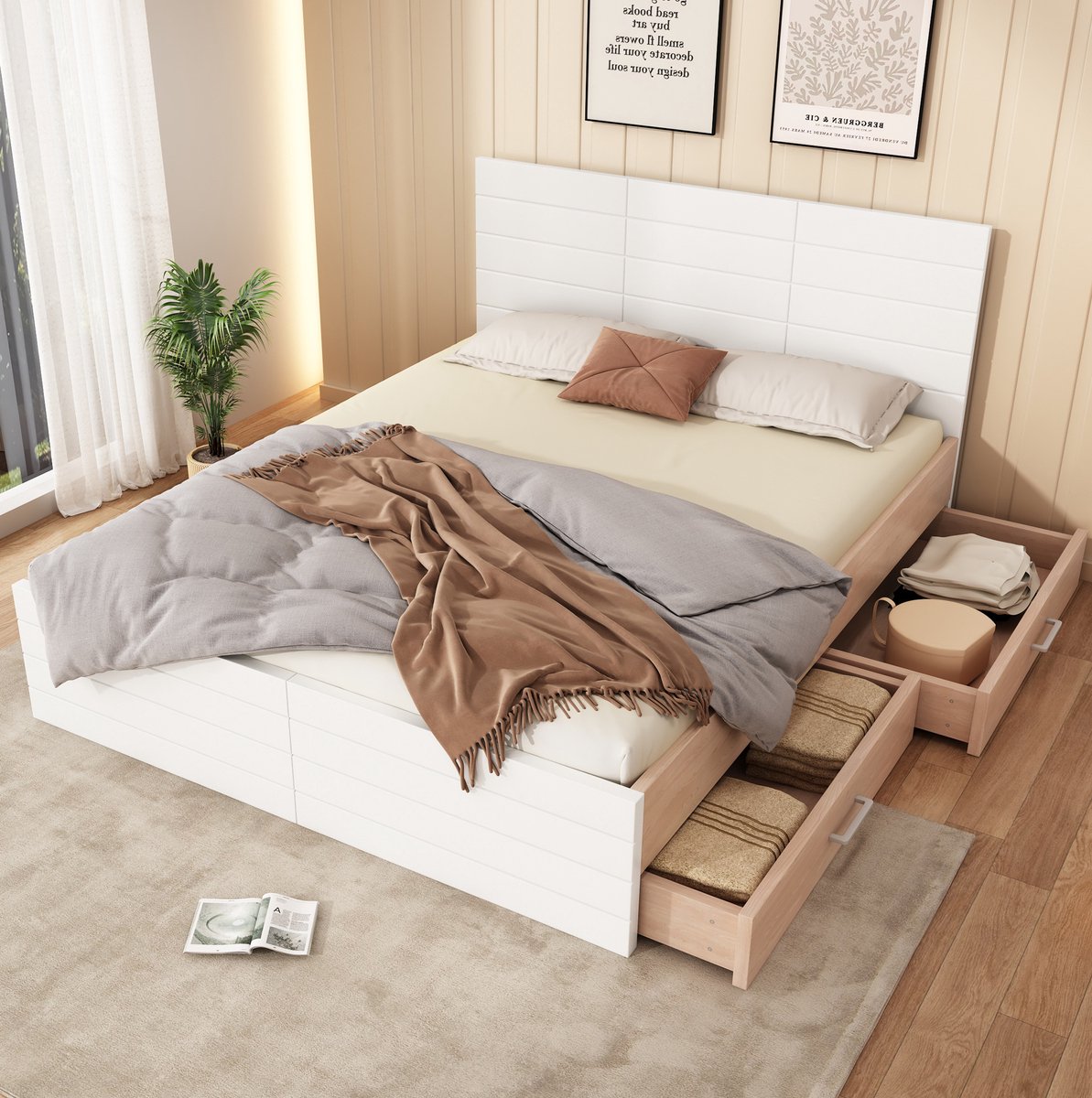 COVREO Bed 160x200 cm wit eiken, met 2 lades en lattenbodem, zonder matras