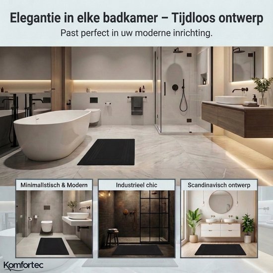 Moderne, minimalistische, industriële en Scandinavische badkamers met zwarte badmatten. De tekst "Elegantie in elke badkamer - Tijdloos ontwerp" is zichtbaar.