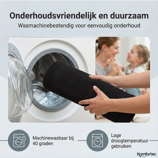 Zwarte badmat wordt in de wasmachine geplaatst door een vrouw. De tekst "Onderhoudsvriendelijk en duurzaam" is zichtbaar.