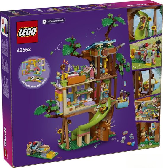 Doos LEGO Friends Boomhut met gedetailleerde scènes van het speelgoed, waaronder figuren en accessoires.