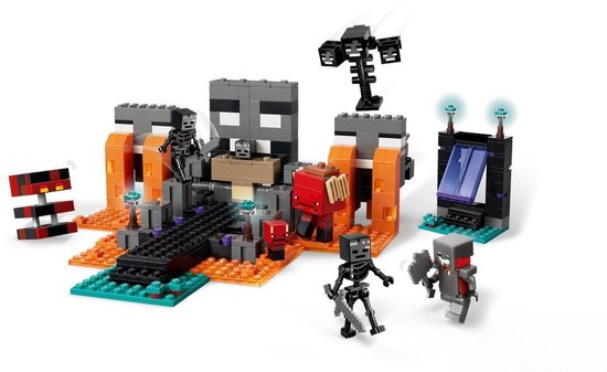 Set LEGO Minecraft La Bataille du Wither avec squelettes, une construction de Wither et des blocs orange, noirs et gris.