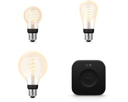Philips Hue Starterspakket - E27 - met 3 Filament lampen Mix - Warm tot Koelwit Licht - Incl. 1 Hue…