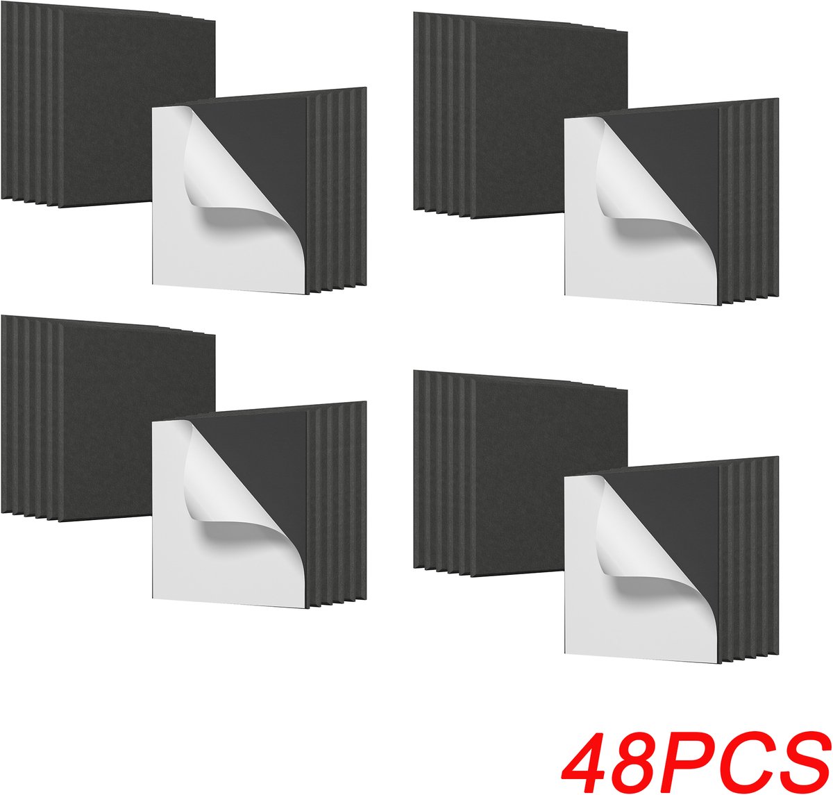 48PCS Vierkante Akoestische Panelen – Geluidsabsorberende Wandpanelen – Geluidsdemping voor Studio, Gamekamer, Kantoor & Muziekkamer – Zwart