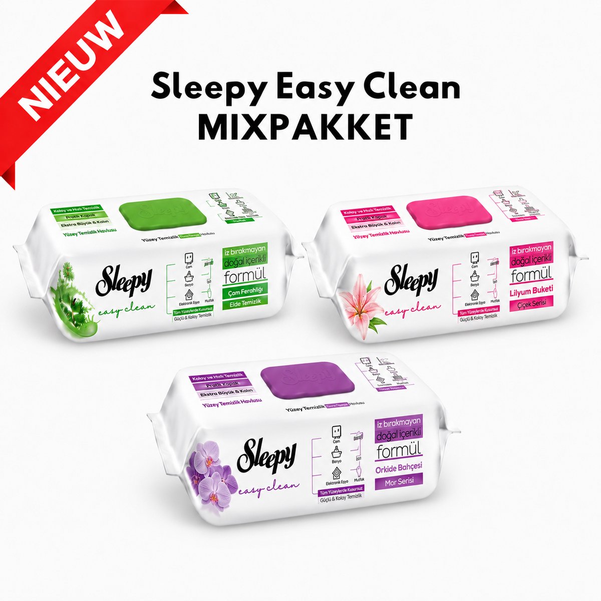 Sleepy Easy Clean Mixpakket Schoonmaakdoekjes – 3 x 100 Stuks – 300 Vochtige Reinigingsdoekjes – Dennenfris, Lelieboeket en Orchidee - Yuzey Temizleme Mendili Cam Agaci, Lilyum, Orkide - surface cleaning wipe