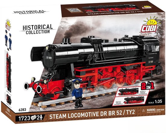 Zwarte en rode stoomlocomotief DR BR 52/TY2 van COBI met een Duitse treinbestuurder. Schaal 1:35.