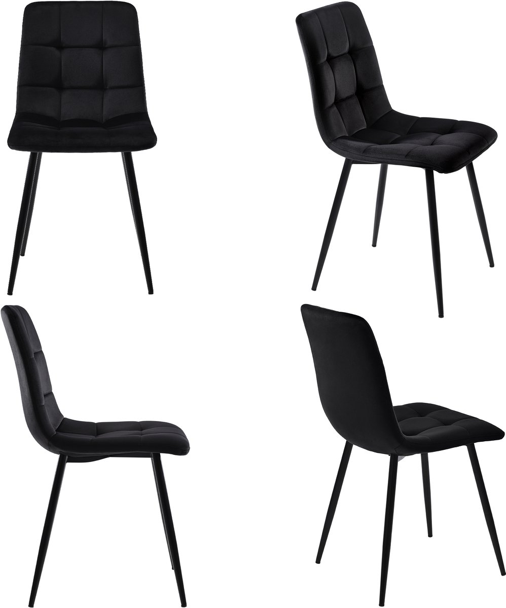 Eetkamerstoelen - Zwarte Stoelen - Velvet Stoelen - Keukenstoelen - Gestoffeerd - Metaal - Ergonomisch - Zacht - Eetkamer - 44x41x86cm - 4 Stuks - Zwart