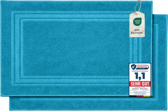 Twee turquoise badmatten, 100% katoen, met OEKO-TEX certificaat.