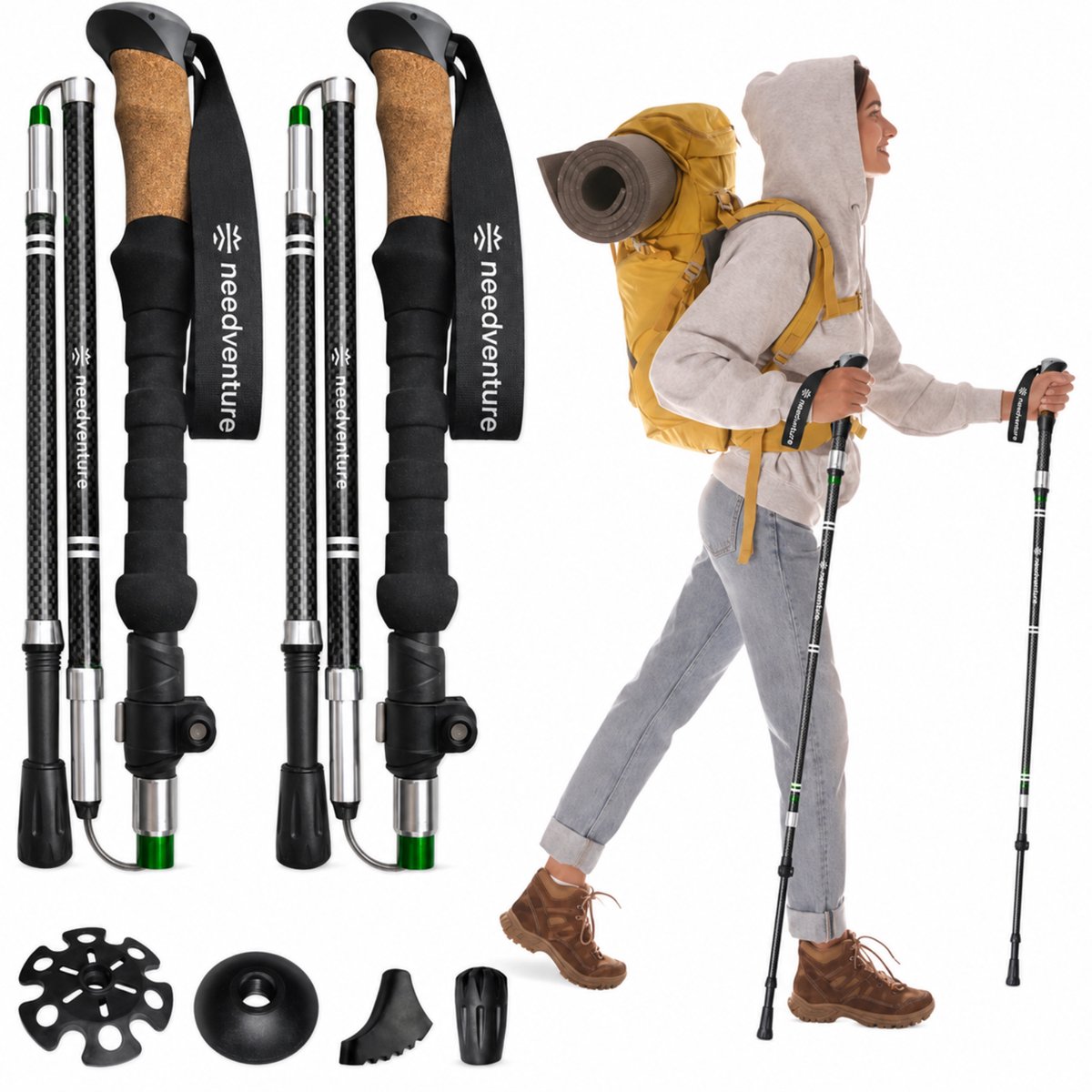 Carbonfiber Nordic Walking Stokken - Lichtgewicht Inklapbaar - Trekkingstokken - Hiking - Wandelstokken - Trekking - Verstelbaar - Opvouwbaar - Alternatief Telescopisch en Inschuifbaar - Trailrunning Outdoor - needventure®