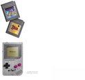 Game Boy LEGO grise avec boutons roses et croix noire, avec deux cartouches de jeu Game Boy au-dessus.