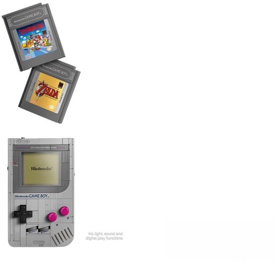 Game Boy LEGO grise avec boutons roses et croix noire, avec deux cartouches de jeu Game Boy au-dessus.