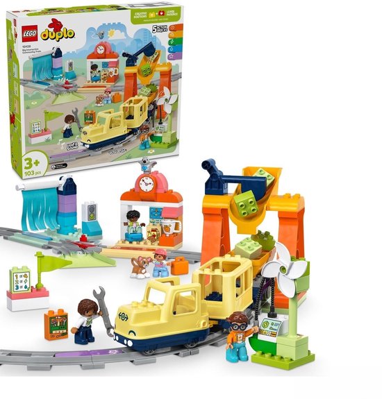 LEGO Duplo speelgoedtrein en accessoires op witte achtergrond, met de productdoos ernaast.