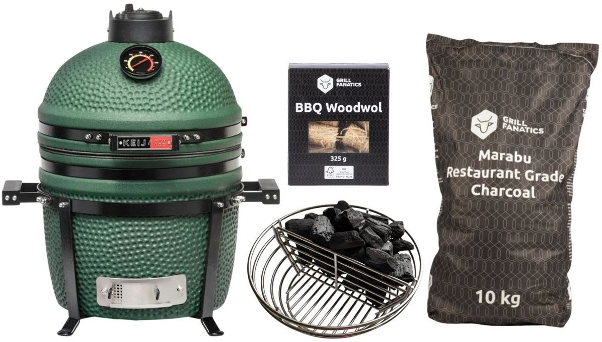 Keij Kamado BBQ Startersset - Legend Compact Green 15 inch - met Houtskool, Aanmaakwokkels & Kolenmand