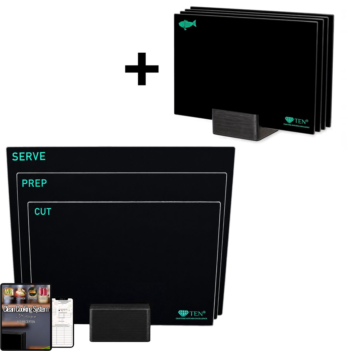 TEN® - Glazen snijplank met houder - Double deal - MICROPLASTIC Vrij - Glazen Snijplank set - 9 delig - Zwart