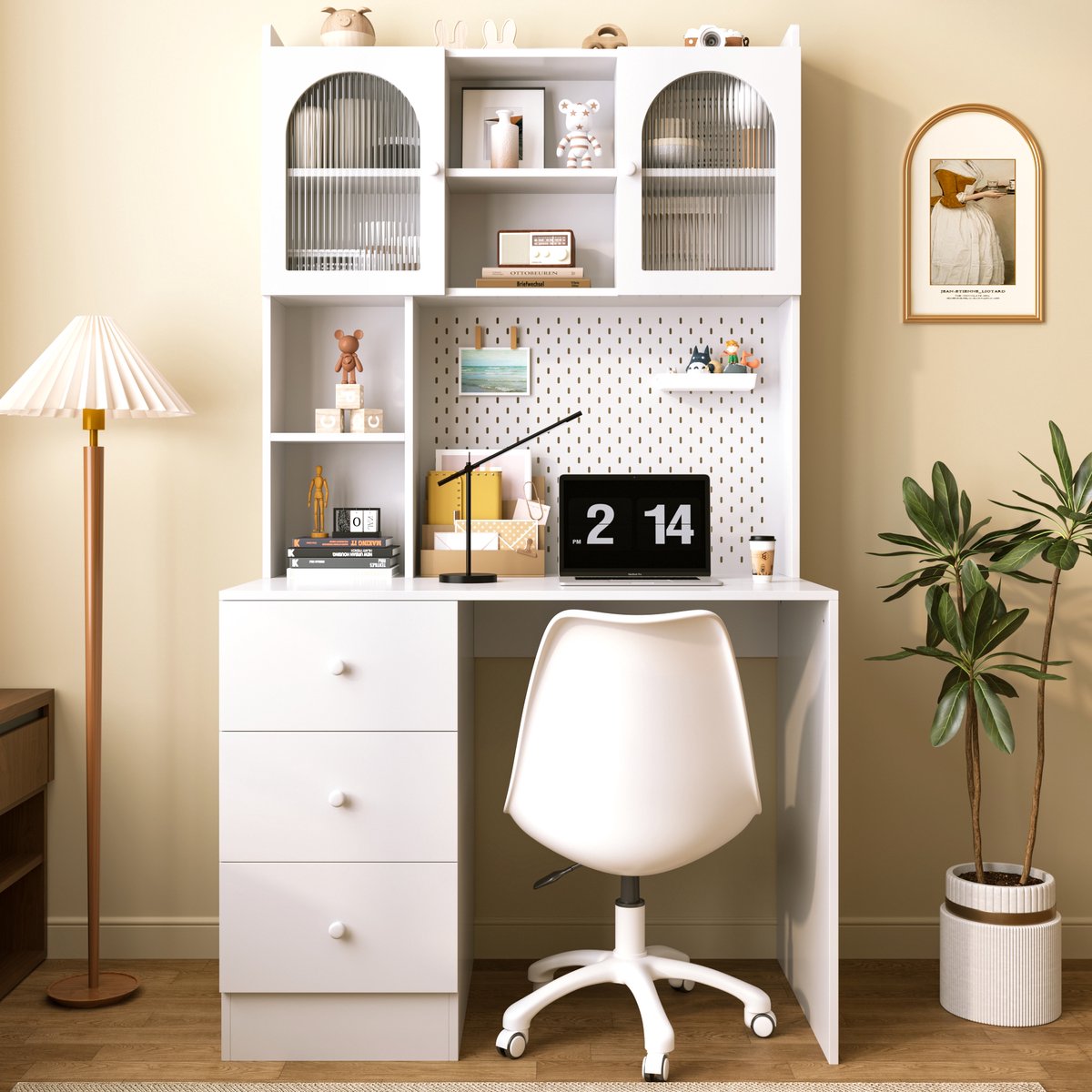 PHOEBE CAT Bureau – Vitrinekast – Kaptafel – 3 laden – Open planken – Kantelbeveiliging – Wit