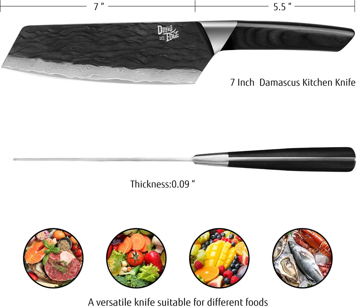 SnelShoppen - Damascus koksmes 17,8 cm - Japans professioneel Bunka mes met gehamerd lemmet, Pakkahouten handvat, zwart - Perfect keukenmes met gesche