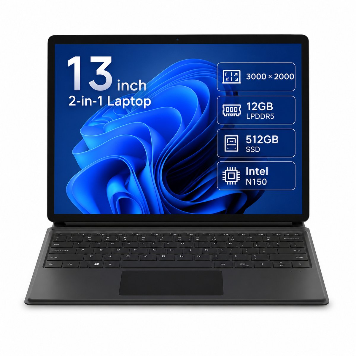 Ninkear 13 inch 2-in-1 Laptop Intel N150 - 12GB LPDDR5 - 512GB SSD - 3000x2000 IPS Touchscreen - Windows 11 - WiFi 5 - Bluetooth 5.0