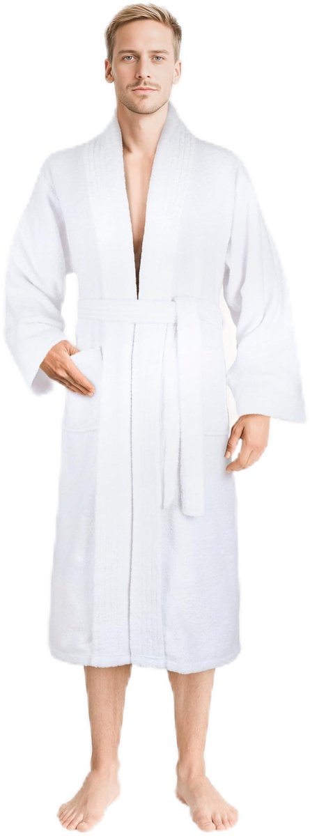 SnelShoppen - Luxe Badjas Heren 100% Katoen, Zachte Badstof 380 g/m², Wit met Zakken voor Thuis en Sauna, Absorberend en Huidvriendelijk